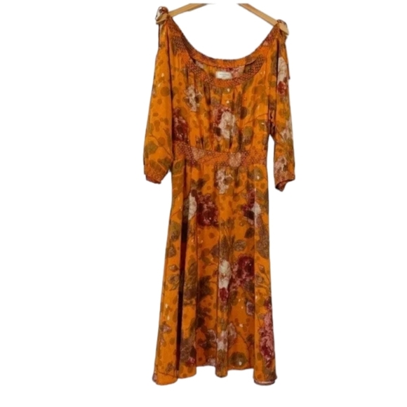 Anthropologie Cara Cara 100% silk orange print midi bohemian peasant dress sz 4 - Picture 5 of 12